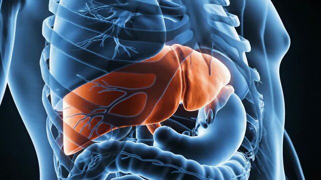 Anatomical illustration of human liver and internal organs in body