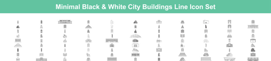 Fototapeta premium Minimal black & white city buildings line icon set Vector