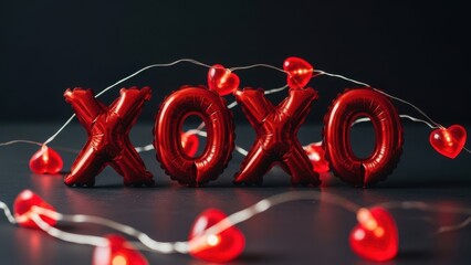 Red balloons spelling XOXO with heart lights on dark background