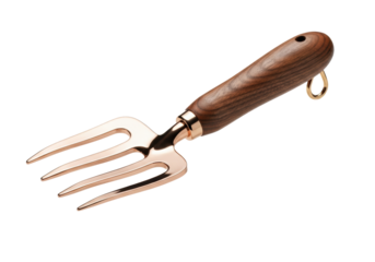 hyper-detailed macro photo of an ergonomic garden fork, featuring polished rose gold copper tines and dark walnut wood handle, isolated on white, concept for luxury product advertising