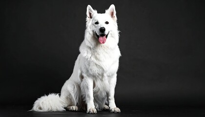 Majestic White Shepherd Dog Posing in Studio with Black Background.
