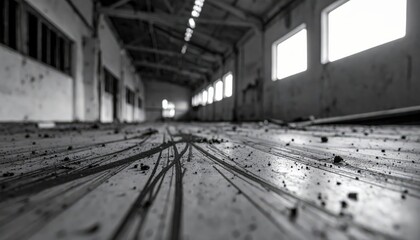 Monochromatic Low Angle Interior of an Abandoned Warehouse Space Perspective