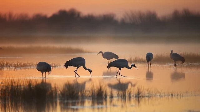 Cranes wading in the serene misty wetland at sunrise with reflections