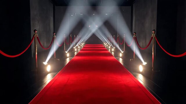 Elegant red carpet illuminated by spotlights, creating a glamorous and inviting atmosphere.
