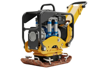 Fototapeta premium heavy-duty electric yellow rammer compactor with matte black steel frame and dirty base plate isolated on a crisp white studio background, industrial construction equipment design concept