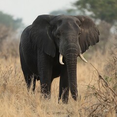 Obraz premium Majestic African Elephant with Tusks Standing in Dry Grass Savannah