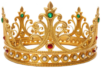 Intricately detailed and ornate antique gold crown with elaborate filigree patterns, featuring embedded emerald green and ruby red gemstones, presented in a, isolated on transparent background.