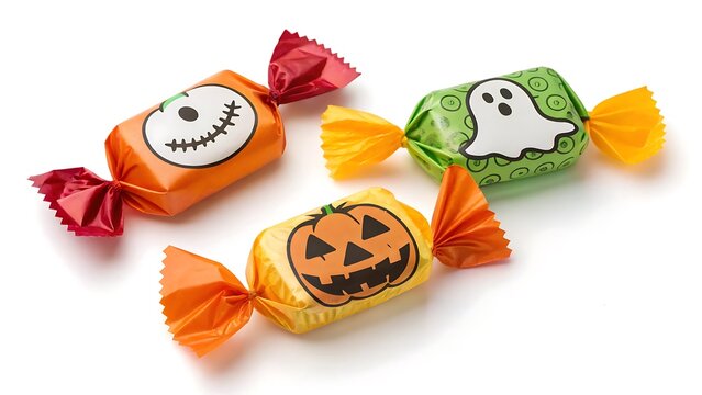 Halloween candy with pumpkin and ghost designs on colorful wrappers in a simple arrangement