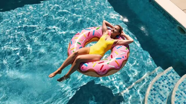 Woman relaxing on a donut float in a pool