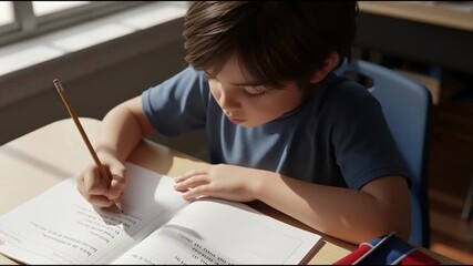 A young boy intently writing in a notebook with a pencil at a desk near a window