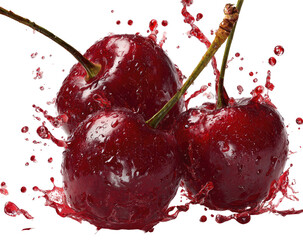 Three plump, dark red cherries in a splash of juice