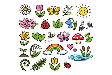 Obraz premium Playful spring doodles with flowers, insects, and nature elements