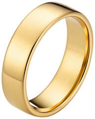 Two highly polished, gleaming gold wedding bands, crafted from smooth, lustrous metal with a simple, classic design, are elegantly intertwined in a circular, isolated on transparent background.