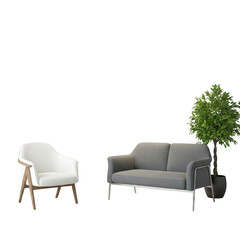 Modern living room setup with sofa and chair isolated on transparent background