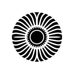Circular sunburst pattern with radiating curved lines around a central core, symbolizing energy, focus, movement, and dynamic balance.