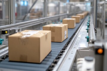 Packages moving along a conveyor belt in a modern warehouse, showcasing efficient logistics and distribution processes with copy space
