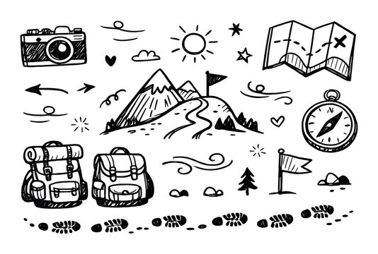 Hand-drawn adventure doodles with mountain, compass, and backpack