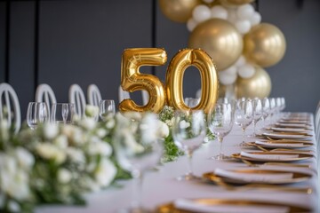 Elegant dining table set for a celebration featuring golden balloons and floral arrangements, highlighting a festive atmosphere for a milestone event