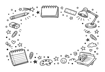 Creative doodle frame with art supplies on dark background