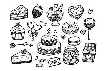 Hand drawn love desserts collection with cakes, donuts, and sweets