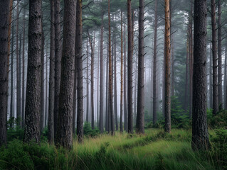 Naklejka premium Foggy pine forest with tall trees and soft morning mist