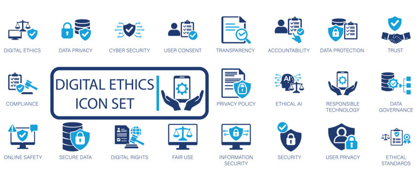 Digital ethics icon set featuring data privacy, ethical AI, user consent, transparency, accountability, responsible technology, digital rights, and data governance symbols.