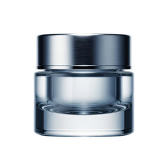 Clear glass cosmetic jar with silver lid isolated on transparent background