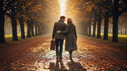 Loving couple on a romantic autumn journey, walking hand-in-hand down a radiant tree-lined avenue covered in golden leaves. Ideal for fall travel marketing, relationship blogs,