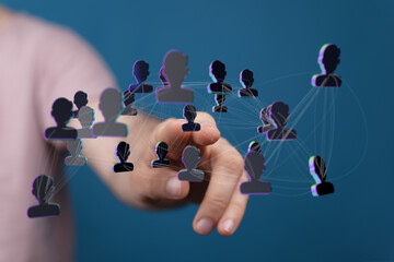 Concept of the global network people connections with hand pointing at the 3D model, communication
