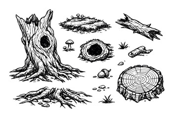 Naklejka premium Monochrome forest elements: tree stumps, logs, and mushrooms in artistic detail