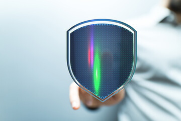 Concept of data security and protection on a digital shield, representing safety and cybersecurity. Ideal for IT, technology, and int