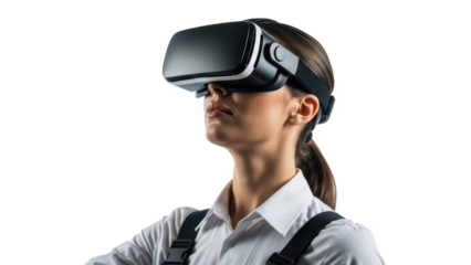 Woman wearing VR headset, isolated on transparent background