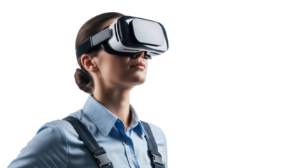 Woman wearing VR headset, isolated on transparent background