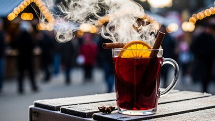 Steaming mulled wine with orange and cinnamon at a festive European Christmas market, perfect for holiday greetings, winter season promotions, festive recipe blogs, or cozy travel features.