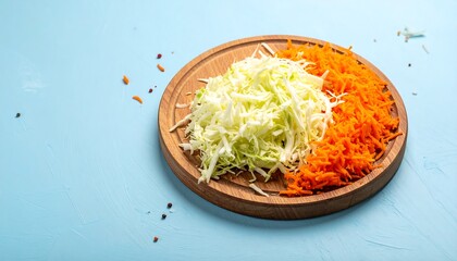 Freshly Shredded Cabbage and Carrots on a Wooden Plate.