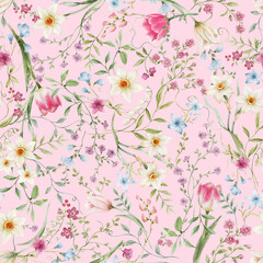 Seamless Watercolor Floral Pattern with Delicate Spring Flowers, Green Leaves on Soft Pink Background