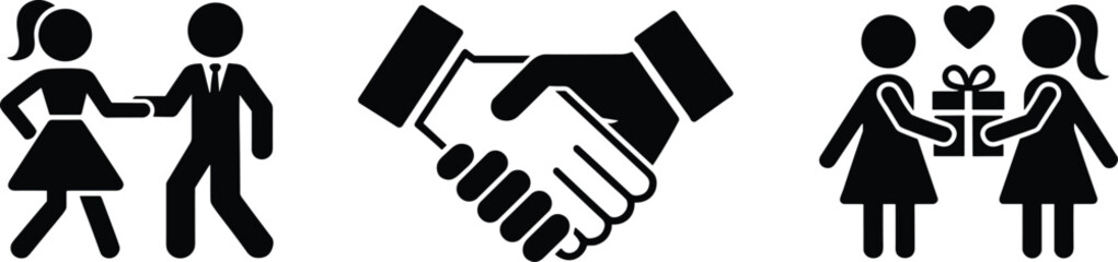 Obraz premium Set of 3 silhouette icons showing dancing, handshake, and gift exchange, ideal for themes of celebration and friendship.