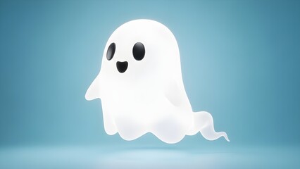 A cute and friendly white 3D ghost character with a cheerful expression. A minimalist design with a soft glow on an aesthetically pleasing calm blue background.
