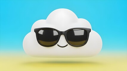 A white 3D cloud character wearing sunglasses with a friendly smile. An adorable kawaii-style design with a bright blue and yellow gradient background.