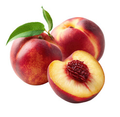 Close-up of three ripe peaches, two whole and one halved, displaying vibrant red-orange skin and juicy yellow flesh. Green leaves are visible on top