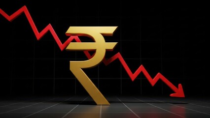 A gold Indian rupee symbol with a red downward trending line on a black background