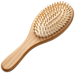 Smooth, polished wooden hairbrush with densely packed natural bristles, lying diagonally on a slightly blurred, colorful background suggesting a digital, isolated on transparent background.