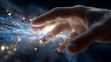 Touching the Digital World: An intimate close-up of a hand reaching out, fingertips caressing the glowing threads of technology. It symbolizes innovation, connection.