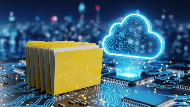 A futuristic computer circuit board with a cloud computing symbol and a stack of yellow files - Powered by Adobe