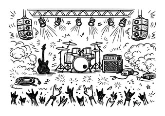 Concert stage with instruments and audience in dark sketch style