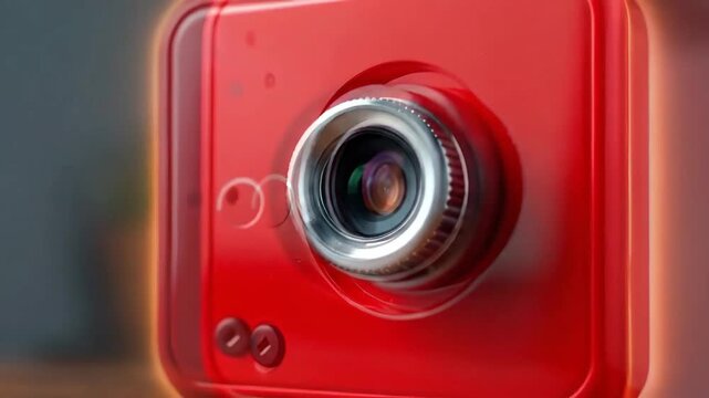 Close-up of a small red square camera on a wooden surface, modern design.