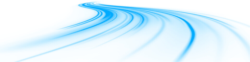 Glowing blue neon laser streaks move across city highways. Light wave trails, motion swirls, and energy lines show dynamic speed and traffic flow. Vector illustration PNG.