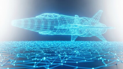 A futuristic digital rendering of an airplane model with a wireframe design on a network grid background
