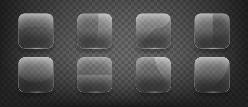 Set of eight blank glass app icons with rounded corners on a dark transparent background, ready for customization or mockup design