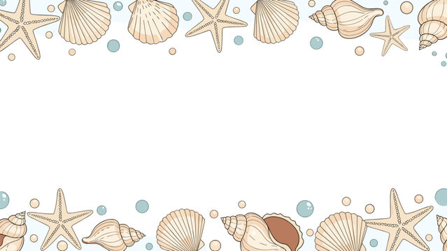 Decorative border featuring various types of seashells and starfish in soft sandy tones with blue and beige bubbles.